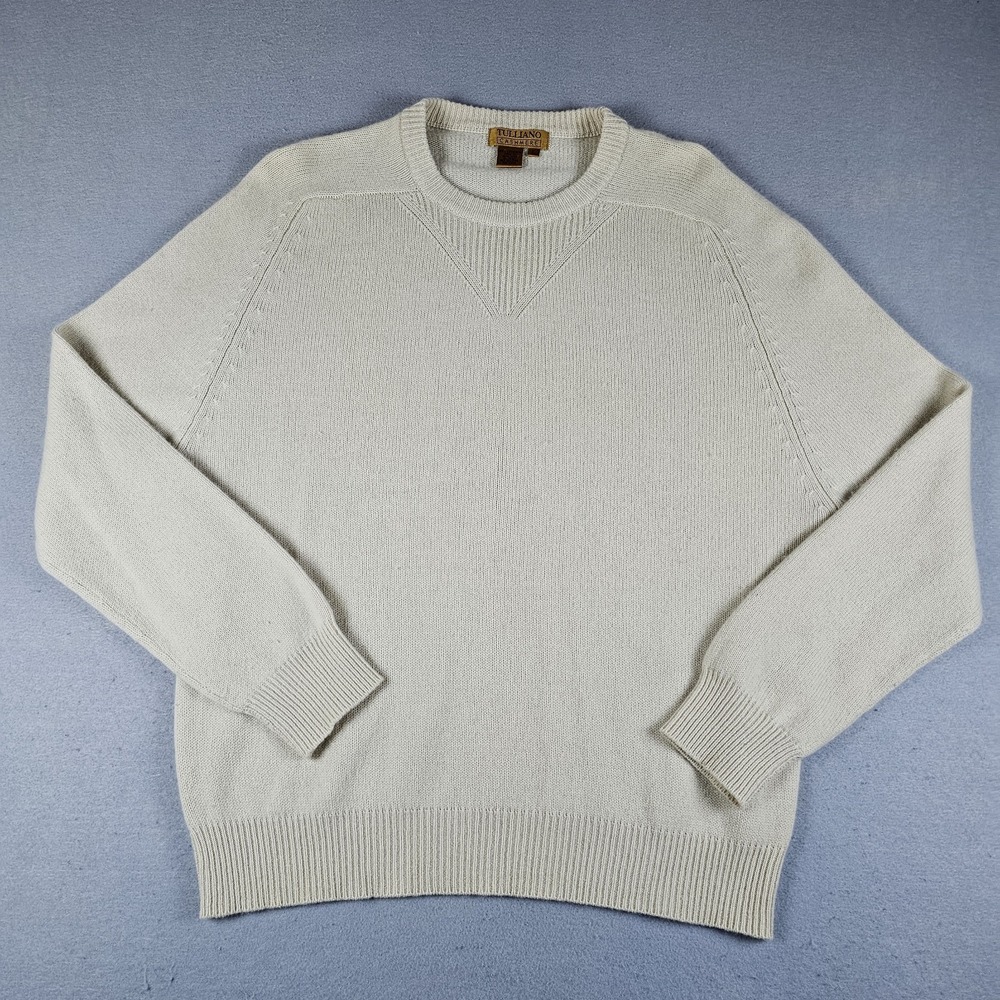Tulliano 100% Cashmere Sweater Mens Large Beige Pullover Crewneck Ribbed Knit
